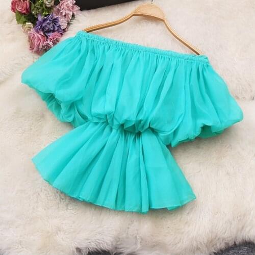2021 summer new womens sexy one-line neck pleated waist ruffled chiffon shirt short-sleeved top
