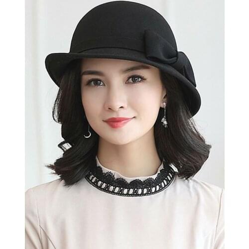 Mother Gift Women Winter 100% Wool Felt Cloche Hats Lady Elegant Up-turn Brim Bowknot Fedora Hat