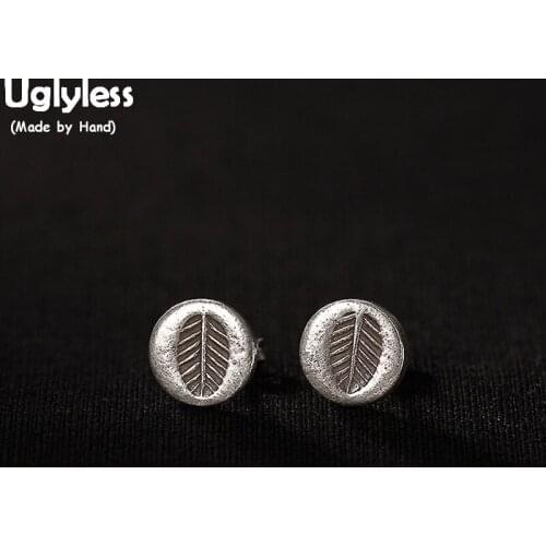 Uglyless MINI Size Round Stud Earrings for Women Ethnic Handmade Leaf Fine Jewelry 100% Real Solid 925 Sterling Silver Bijoux