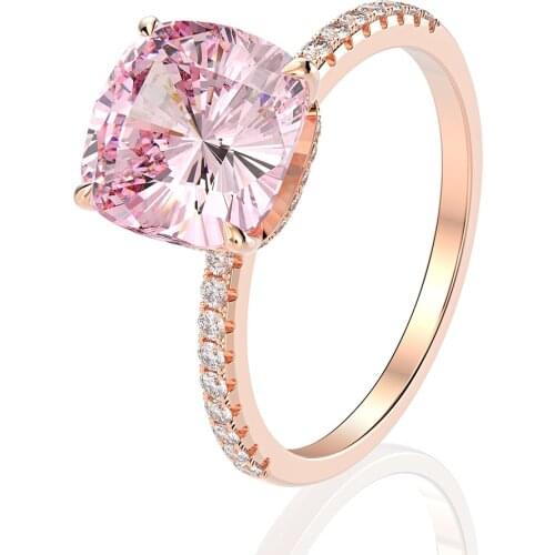100% 925 Solid Silver Ring 18K Rose Gold Color Women Fine Jewelry Rings Natural Pink Quartz Diamond Wedding Gifts