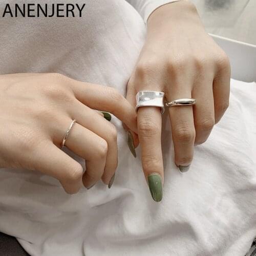 ANENJERY 925 Sterling Silver Geometric Square Wide Rings For Women Simple Combination Open Rings Personality Jewelry Wholesale