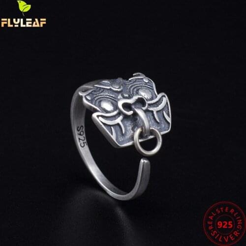 Flyleaf 100% 925 Sterling Silver Retro God Beast Open Rings For Women Chinese Style Vintage Jewelry Femme