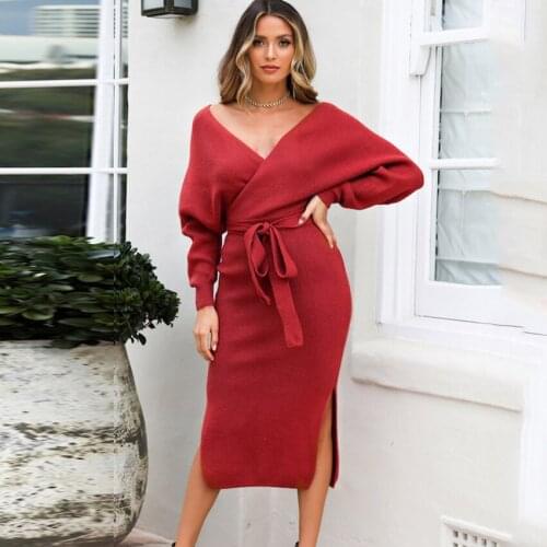 Oumengka Sexy v-neck women knitted pink dress Elegant batwing sleeve sweater party dress ladies bodycon Knee Length dresses