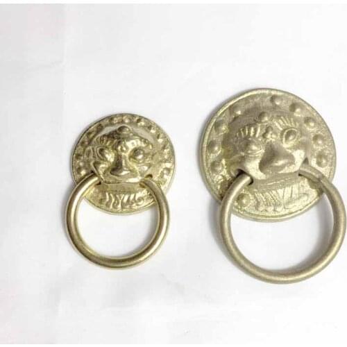 1pcs door handle antique small lion head vintage brass cabinet handle round ring pull handle