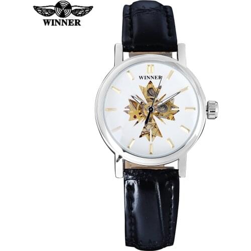 2016 WINNER famous brand women watches simple automatic self wind watch skeleton dial transparent glass silver case leather band
