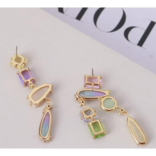 Asymmetric gradient color translucent crystal long earrings