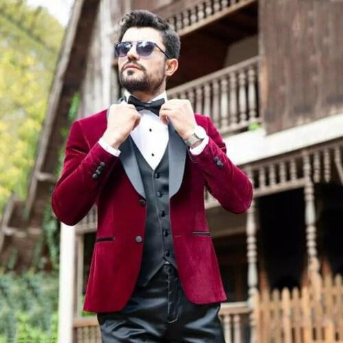 Burgundy Velvet Men Suits Wedding Tuxedo Groom Wear Prom Party Terno Masculino Slim Fit Costume Homme Mariage 3 Pieces Blazer