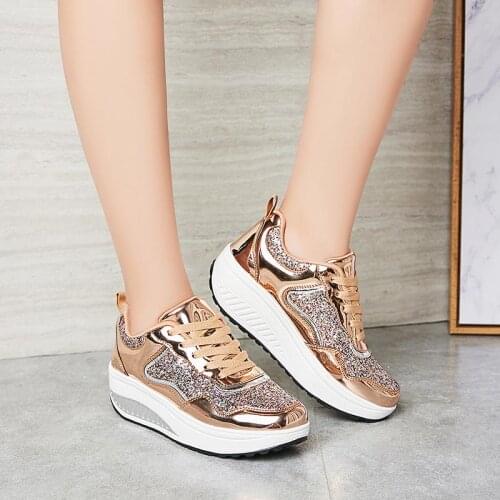 Big Size Shining Sports Woman Sneakers with Platform Woman Sport Shoes Running Gold Bascket Femme Ladies Trainers Tennis A-1194