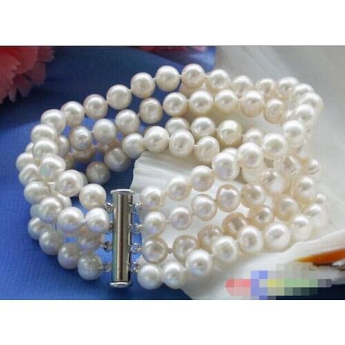 4row 8" 8mm white round freshwater cultured pearl bracelet @^Noble style Natural Fine jewe SHIPPING new >>free shipping