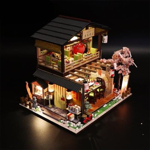 New DIY Sushi Dessert Ice Cream Shop Wooden Dollhouse Miniature Furniture With LED Kits Doll Houses Assemble Toys Kids Gift Casa