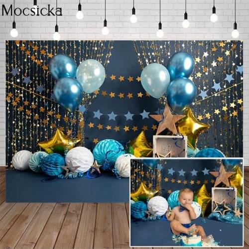 Newborn Blue Balloon Birthday Cake Smash Backdrop Gold Star Child Baby Shower Portrait Blue Photography Background Photo Studio