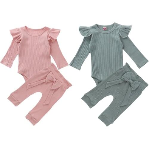 0-24M Newborn Baby Girl Ruffle Knit Romper Jumpsuit Bow Pants Outfits Autumn Clothes 2PCS Set