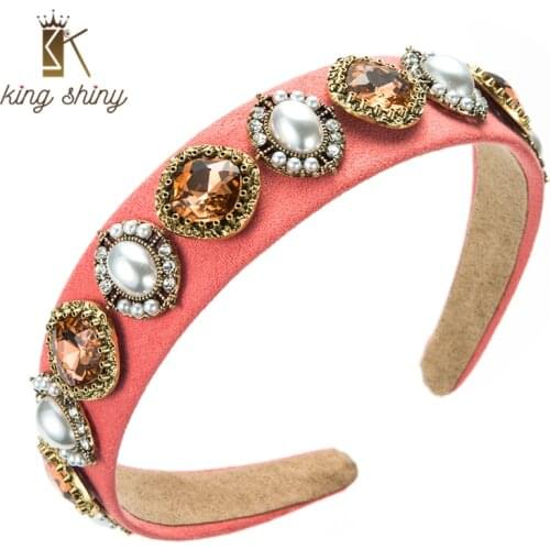 King Shiny Vintage Baroque Imitation Pearl Headband Elegant Color Crystal Beaded Fabric Hairband Girl Party Hair Accessory Bezel