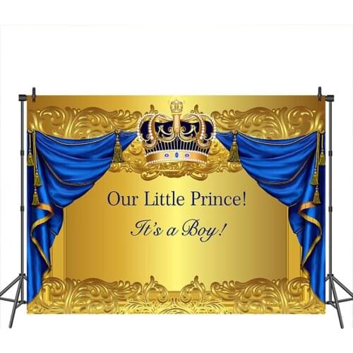 Neoback Baby Shower Backdrop Royal Boy Prince Background Bule Curtain Gold Customized Photographic Backdrops for Photo Studio