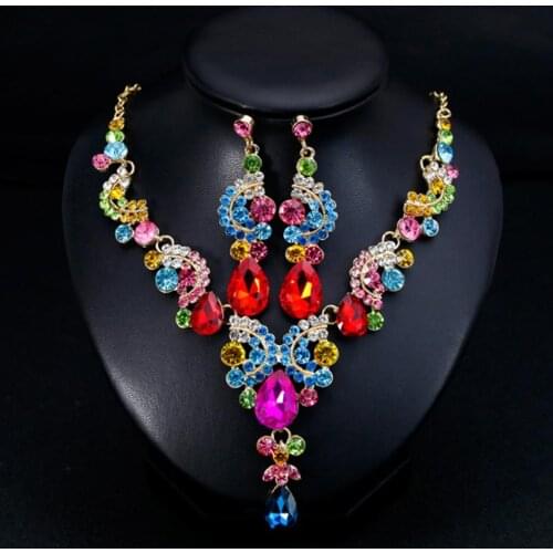 Fashion Jewelry Set Women Wedding Faux Crystal Rhinestone Decor Necklace Earrings Jewelry Set