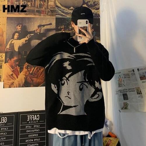 HMZ Mens Hip Hop Streetwear Harajuku Sweater Vintage Retro Japanese Style Anime Girl Knitted Sweater 2021 Autumn Cotton Pullover