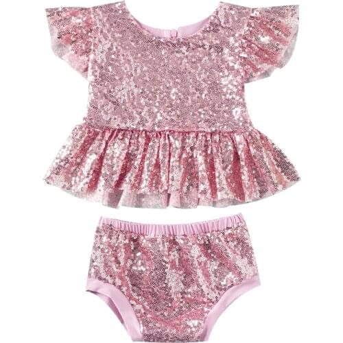 Newborn Baby Girls Clothes 2Pcs Photography Props Costume Infant Sleeveless Round Collar Dresses Sparkle Sequins Top and Shorts
