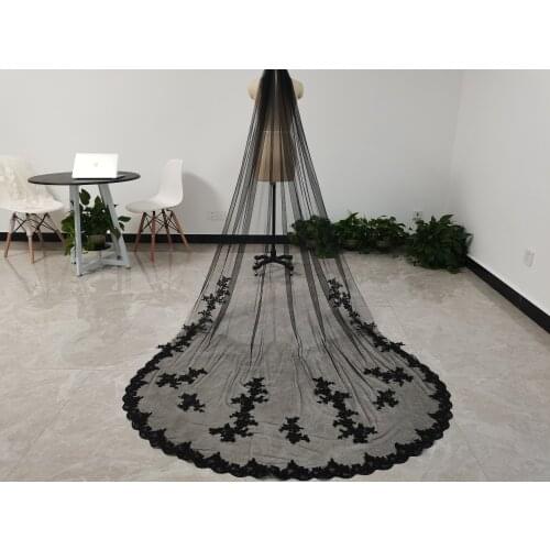 Black Wedding Veil Single Layer Cathedral Length Wedding Veil Lace Bridal Veil With Comb Ivory/White/Black Veil
