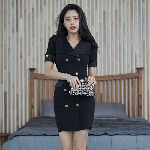 New arrival fashion bodycon dress women elegant v-neck short sleeve black simple temperament work style mini pencil dress