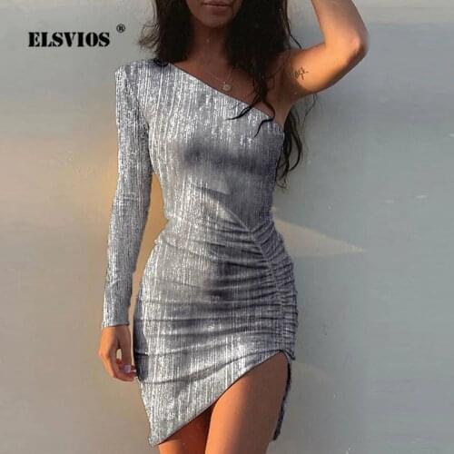 ELSVIOS New Autumn One Shoulder Slim Pleated Party Dress Women Slash Neck Split Bodycon Dress Femme Elegant Irregular Mini Dress