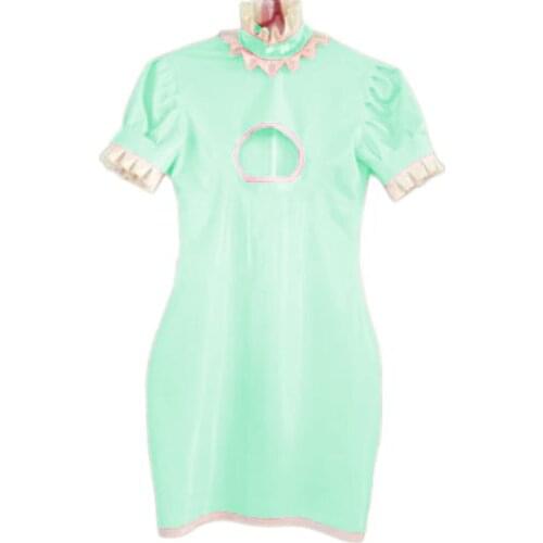 Rubber Maid Mini Skirt High Neck Breast Hollow Out Bodycon Mini Dress Size XXS- 7XL White lace collar halloween maid outfit