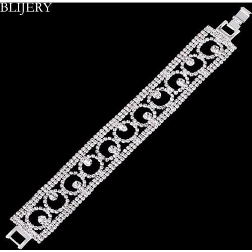 BLIJERY Luxury Crystal Bracelets & Bangles for Women Silver Plated Rhinestone Geometric Bridal Bracelets Femme Wedding Jewelry