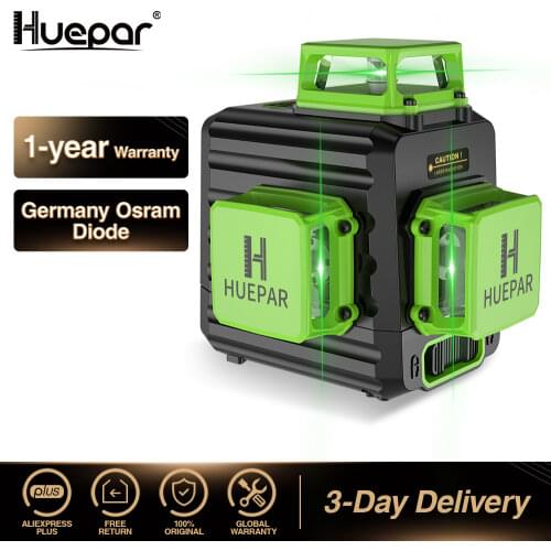 Huepar 3D Cross Line Self-leveling Laser Level 12 lines Green Beam Li-ion Battery with Type-C Charging Port & Hard Carry Case
