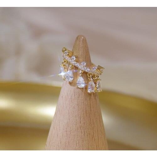 14k Real Gold Delicate Drop Crown Single Earrings for Women Transparent Zirconia Tiny Charm Clip Earring Wedding Jewelry