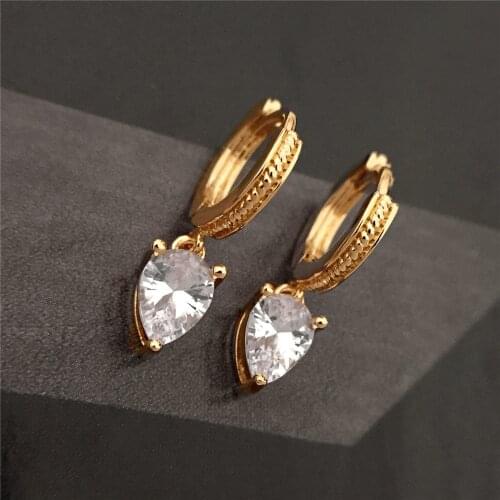 Pretty Gold Color Plating Textured Brass Hoop with Clear CZ Zirconia Heart Charm Drop Earrings For Women Girl Dainty Jewelry