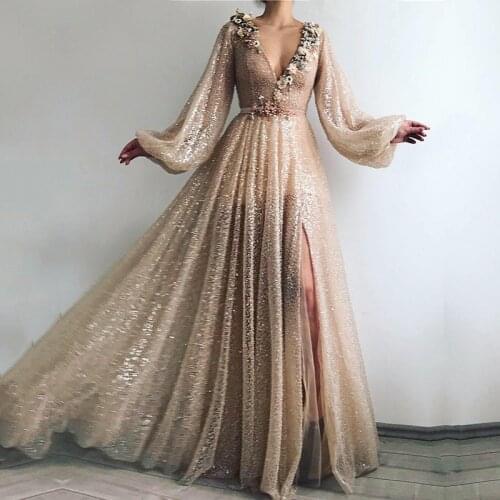 Bling Bling Gold Muslim Formal Party Dress Flowers V-Neck Beaded Sequin A-Line Dubai Arabic Long Sleeve Evening Dresses 2020