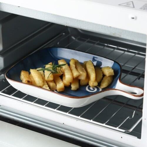 Japanese hand-painted ceramic plate with handle household tableware cheese pasta breakfast Steak underglaze color baking plate