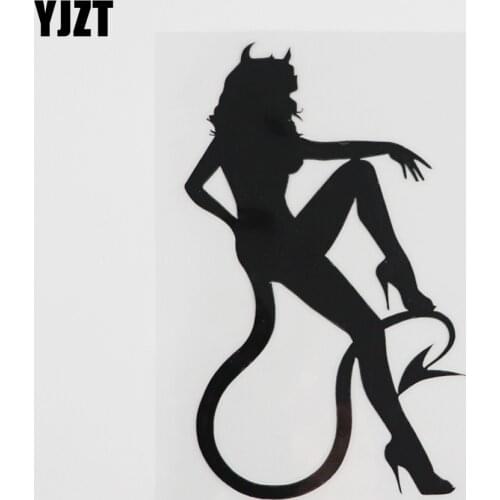 YJZT 8.8CMX14.1CM Cool Horns And Tail Sexy Devil Girl Vinyl Car Sticker Black/Silver 8A-0418