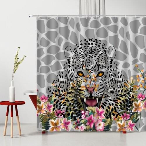 African Style Shower Curtain Leopard Red Flower Plant Creative Design Watercolor Bathroom Decor Bath Cloth Hanging Curtains Set