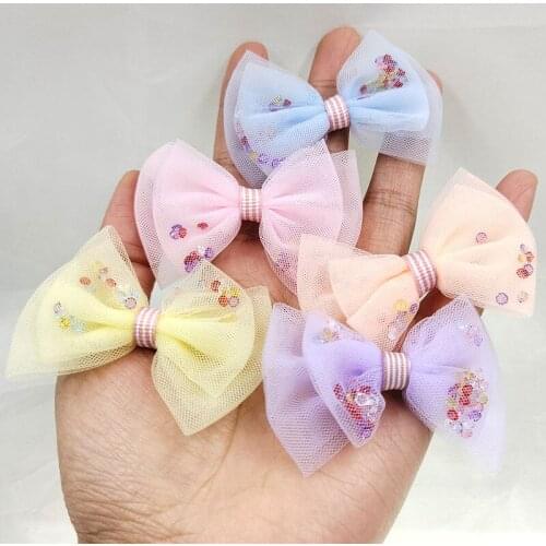 15pcs/lot DIY handmade mesh fabric bowknot with colorful crystal for kids hair headdress accessories