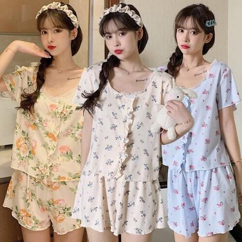 2021 Summer Short Sleeve Sexy Lace V-neck Print Pajama Sets for Women Shorts Sleepwear Suit Pyjama Homewear Pijama Mujer Clothes