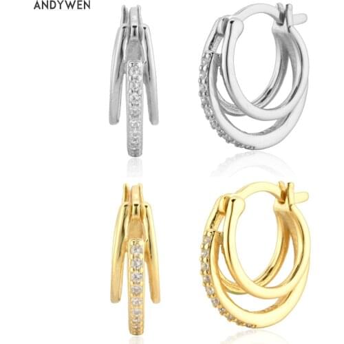 ANDYWEN 925 Sterling Silver Three Circle Pave Hoops Women Fashion Fine Jewelry 2020 Crystal CZ Ziecon Wedding Jewels