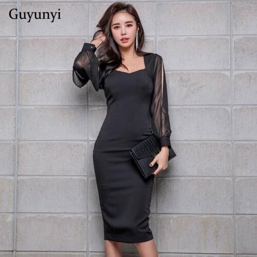 Black Elegant Office Dress 2020 Spring High Waist Tight Dress Chiffon Stitching Nine-Point Sleeves Athens Party Womens Dresses