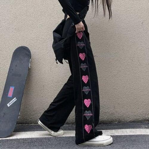 Harajuku Black Korean Heart Print Plus Size Pants Cute E Girl Trousers Female Streetwear Summer Autumn Gothic Sweatpants Women