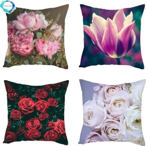 Flowers Red Pink Roses Polyester Throw Pillow Cover Rhododendron Sunflower Decorative Cushion Cover Pillowcase for Home Decor
