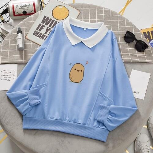 Kawaii Potato Sweatshirt Cotton Casual Cartoon Graphic Jumper with Pocket 90s Aesthetic All-match Chic Clothes for Teens Girls