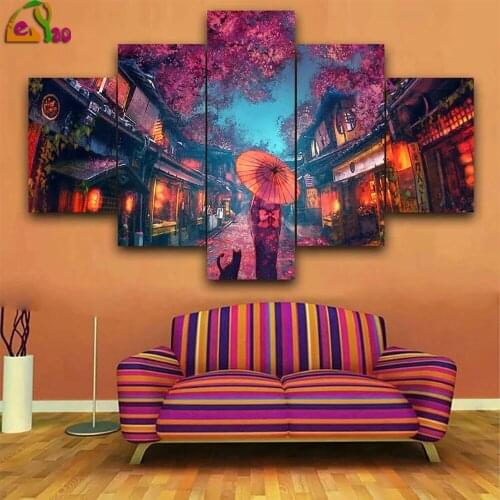 5 Piece Wall Art Diamond Painting Japanese Anime Styles Kimono Girl Home Decor Multi-Pictures Modern Living Room Decoration