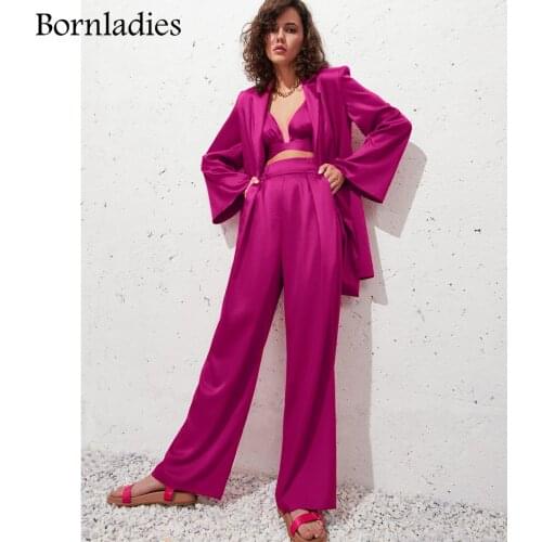Bornladies Women 3 Pieces Sets Long Sleeve Loose Belt Satin Blazer Coat High Waist Pants Legs Adjustable Pants Female Sexy Set