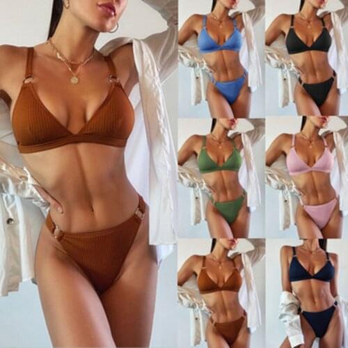 Sexy Bikini Two Piece Set Solid Color Stripe Backless Swimsuit Beach Swimwear Women Summer