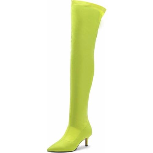 Lycra Stretch Green Boots Women 5.5Cm Med Heel Over The Knee Boots New Slip On Spring Autumn Thigh High Boots Plus Size 47 Shoes