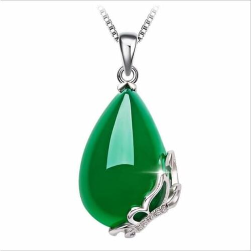 TJP 2019 Hot Crystal Green Water-Drop Pendant Necklace For Women Birthday Accessories Fashion Female Silver 925 Choker Necklace