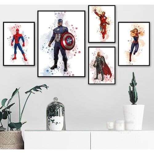 Marvel Avengers Watercolor Wall Art Canvas Print Painting Posters and Prints Superhero Cartoon Posters Kids Room Wall Decor