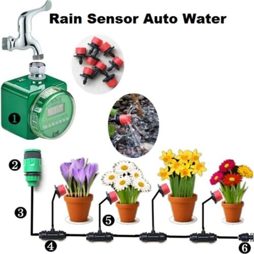 New Garden Flower Irrigation System Rain Sensor Auto Water Timer Drip and Sprinkling Watering Kit 10m Hose 10 Srinklers Kit