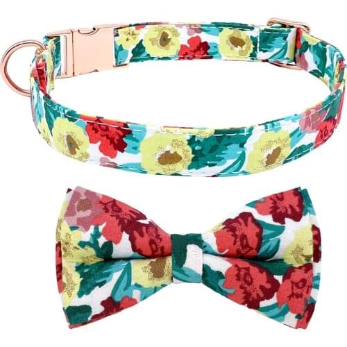 Floral Patterns Dog Collars with Bow Tie Adjustable Metal Buckle Dog Collar Safety Cute Pet Collars Gifts for Medium/Large Dogs