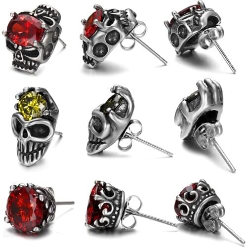 A pair of Stainless Steel Studs Earrings with Zircon Stone Punk Skull Classic Style Jewelry for Men and Women