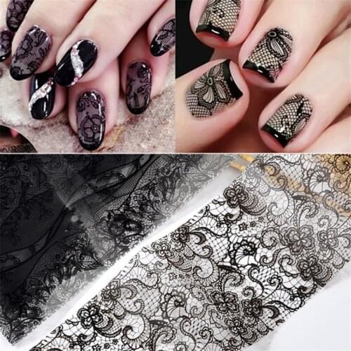 16 Sheet Black Lace Flower Nails Sticker White Star Transfer Nail Foil Adhesive Manicure Nail Stickers Designer Art Decoration
